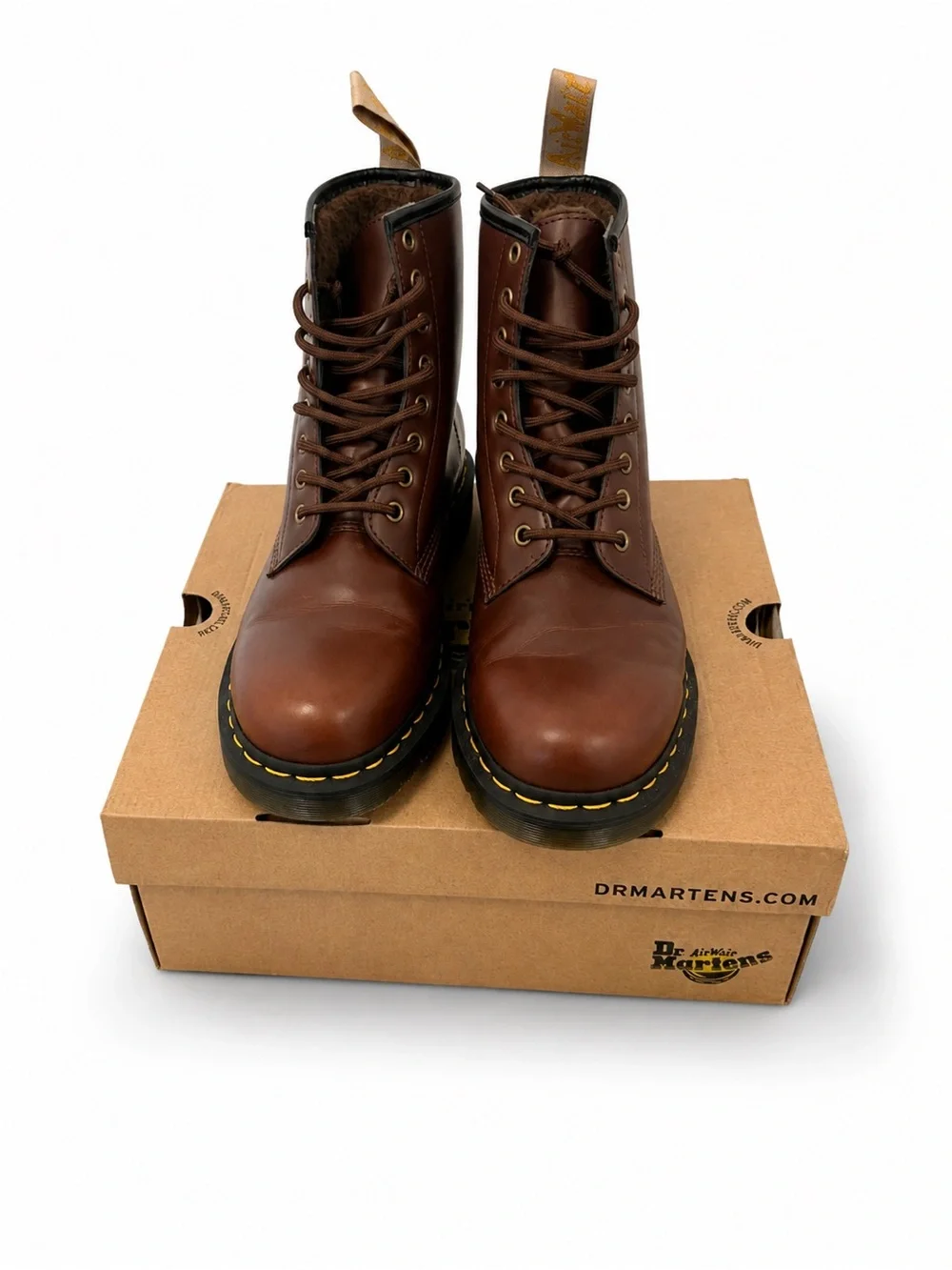 Dr. Martens Brown Leather 8-Eye Lace-Up Boots with Yellow Stitching